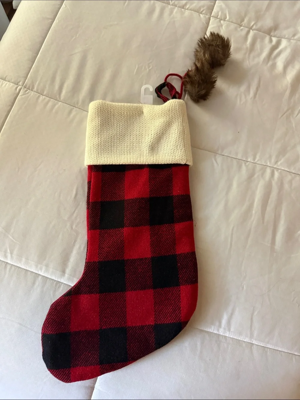 Red Plaid Dog Christmas Stocking with Paw Print